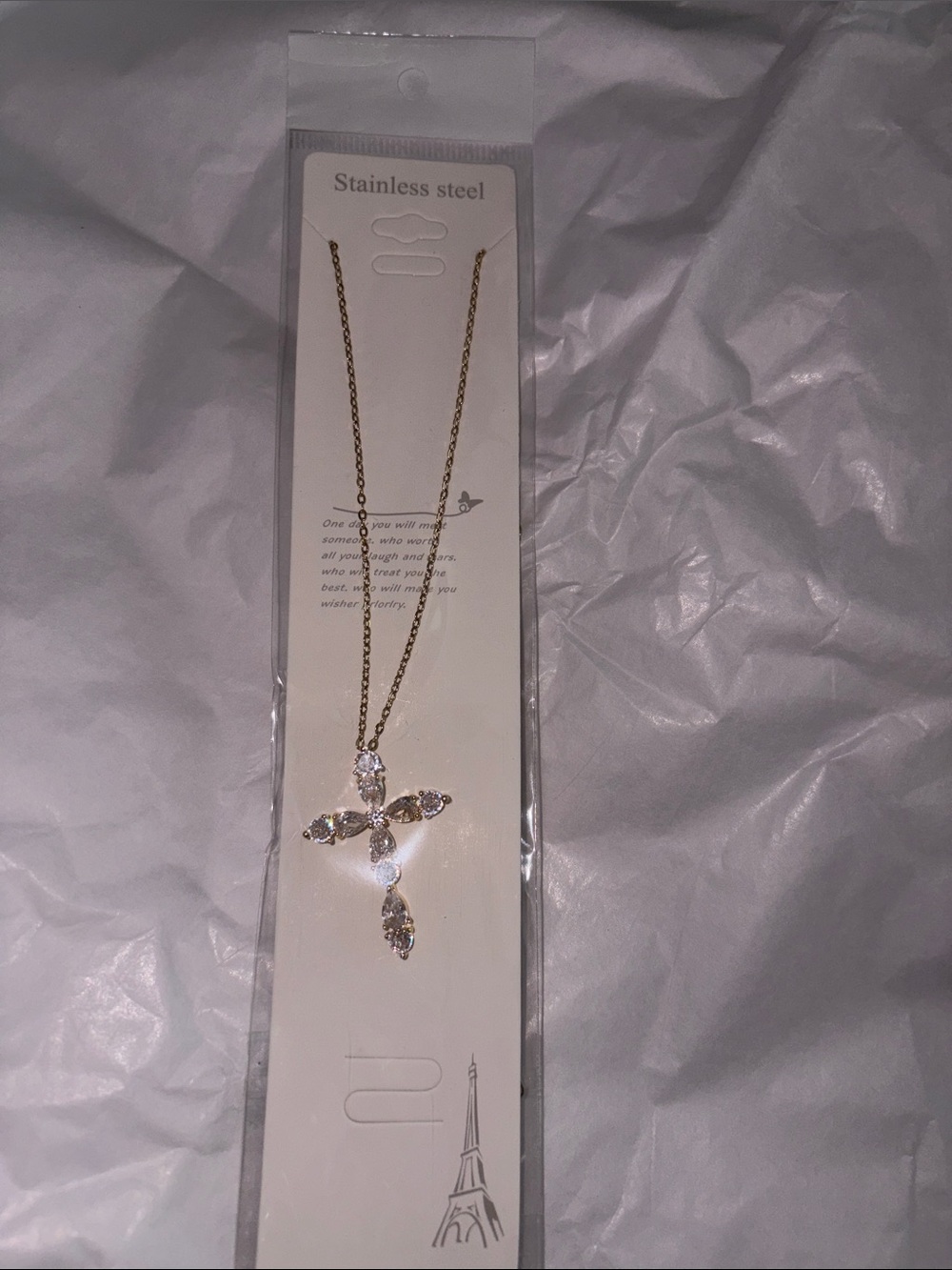 Gold Cross Pendant Necklace with Clear Stones - Stainless Steel